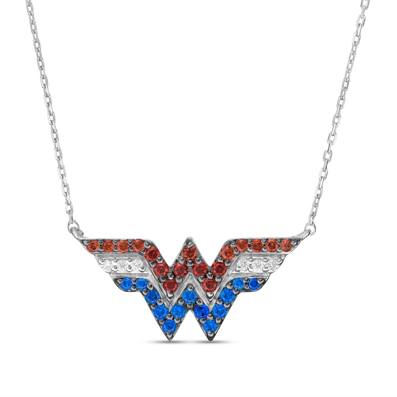 Garnet, Blue Sapphire and 1/20 Diamond CT. T.W. Symbol Necklace in Sterling Silver